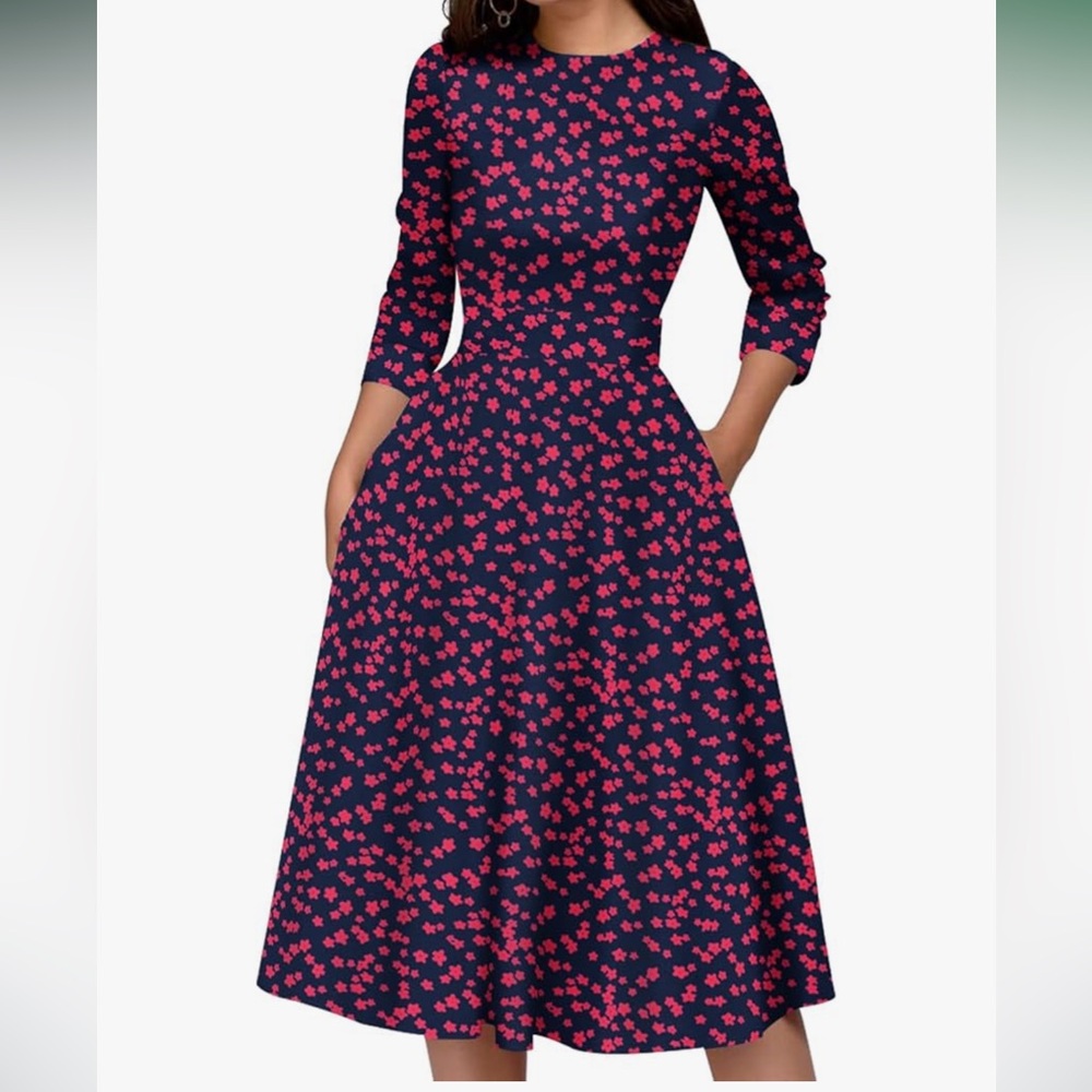 Women’s Prariecore Bohemian Floral Midi 3/4 Sleeve Dress